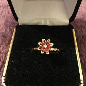 Vintage 14K Yellow Gold Ruby & Diamond Tulip Ring
